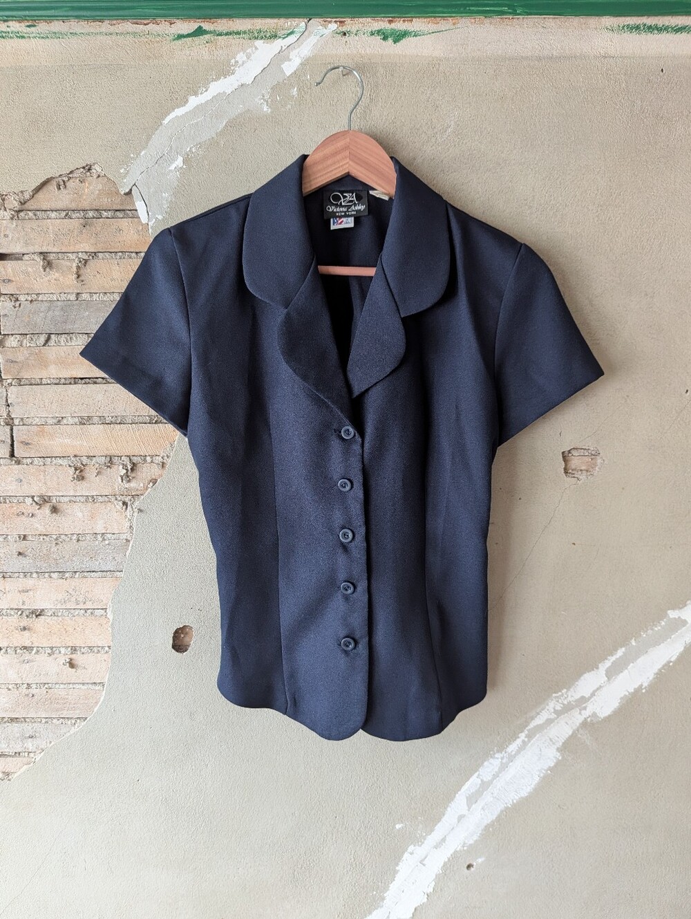 Vintage Navy Short-Sleeve Button Front Blouse